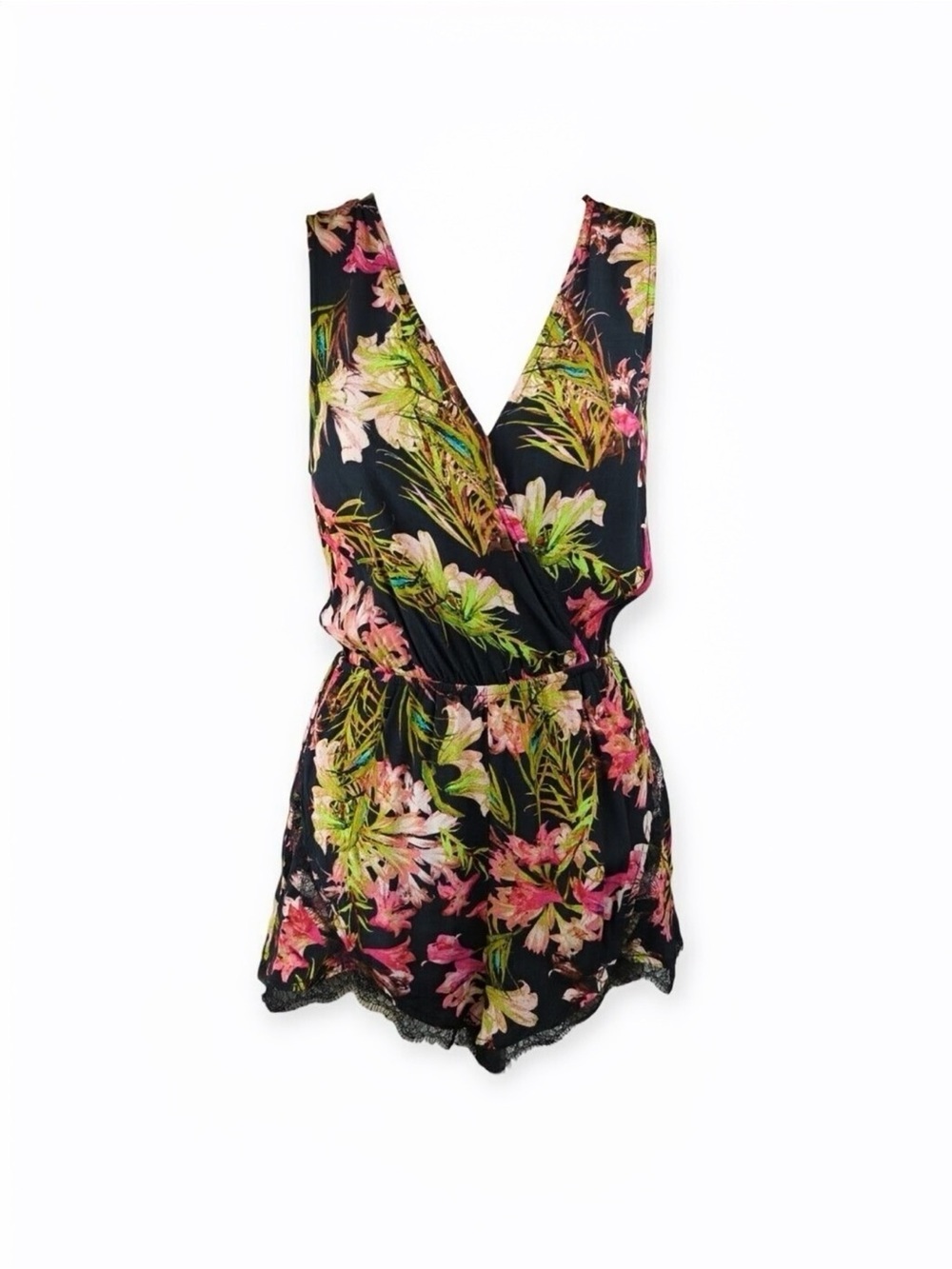 NWT Lovers + Friends ‘Can’t Let Go’ Tropical Floral Print Lace Trim Romper Sz S